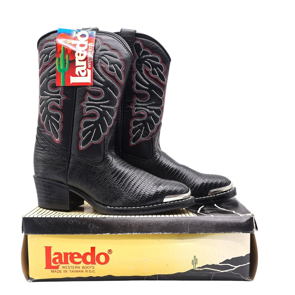 Laredo Western Cowboy Boots Kids Size 2D Vintage Black Lizard Embossed 28-2230-6